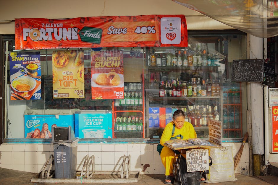 A vibrant street scene outside a convenience store in Pasig, Metro Manila, showcasing everyday life.