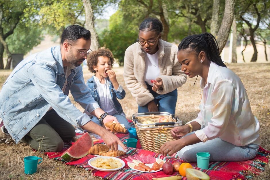 Family and friends enjoying a summer picnic with food and fun in a sunny park.